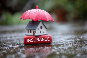 A small house is placed beneath a red umbrella, which shields it from falling raindrops. The word insurance is prominently displayed, conveying security and protection.