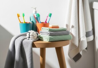 Bathroom essentials on wooden stool in bright natural light