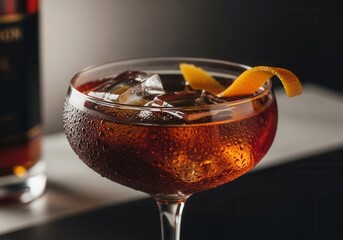 Classic cocktail garnished with orange peel ice cubes in glass