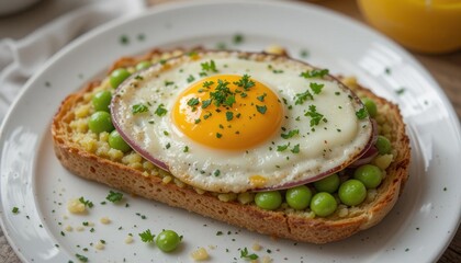 Fresh and delicious gourmet appetizer plate with toasted bread, butter, herbs, and a healthy egg and bacon sandwich