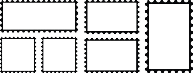 Set of blank postage stamps with empty paper design. Post stamp frame and border. Zigzag edge and scallop edge. Rectangle shape frame with zigzag edge