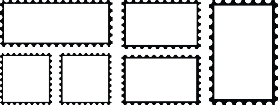 Set of blank postage stamps with empty paper design. Post stamp frame and border. Zigzag edge and scallop edge. Rectangle shape frame with zigzag edge