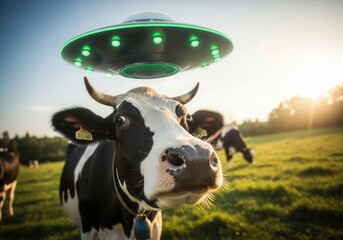 Cow encounters UFO on sunny farm field