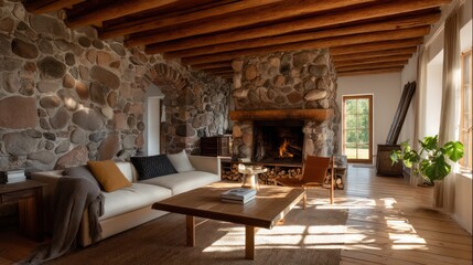 Fototapeta premium A traditional farmhouse living room a large stone fireplace, a wooden beam ceiling, a mix vintage modern furniture,