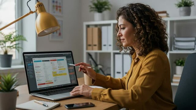 Focused woman working on laptop in bright home office space during afternoon hours
