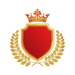 Obraz premium Red Shield with Crown and Laurel Wreath on Black Background: Medieval Design, Royalty