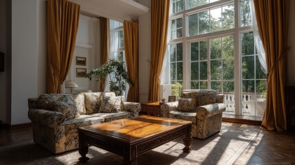 A traditional living room floral-patterned chairs, a carved wooden coffee table, soft drapes, warm golden light from the