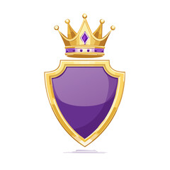 Golden crown resting on a purple shield illustration with cartoon style on a black background