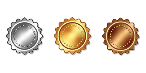 Award golden, silver and bronze blank medals 3d vector realistic illustration. First, second and third place medals or buttons isolated on white background. Quality blank, empty badge.
