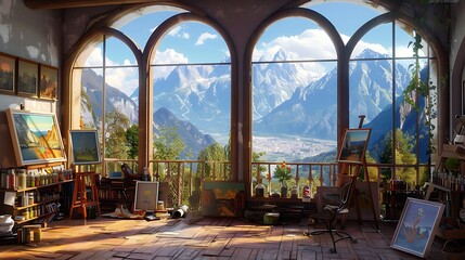 Obraz premium Mountain view with art supplies and paintings.