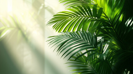 Bright sunlight softly penetrates through the window, illuminating the thick green palm leaves, creating picturesque shadows on the wall and an atmosphere of coziness.
