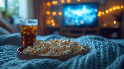 A warm evening at home: a large bowl of popcorn and a glass of soda sit on a soft knitted blanket in front of the TV.