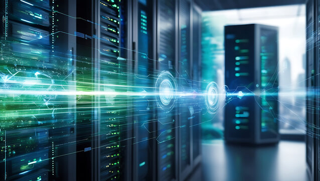 Futuristic Data Center with Digital Network Interface and Server Racks