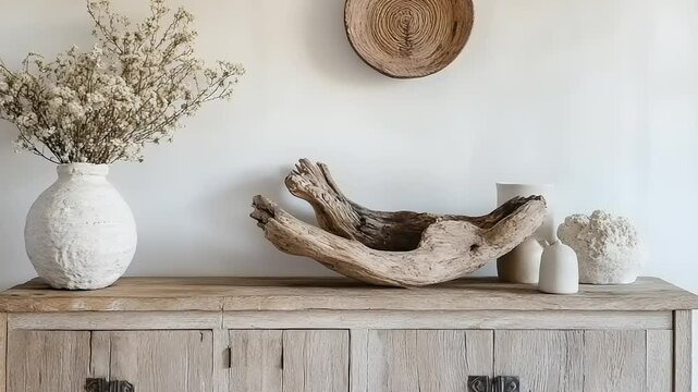 A rustic wooden sideboard with decorative elements, featuring a vase of dried flowers and unique sculptures