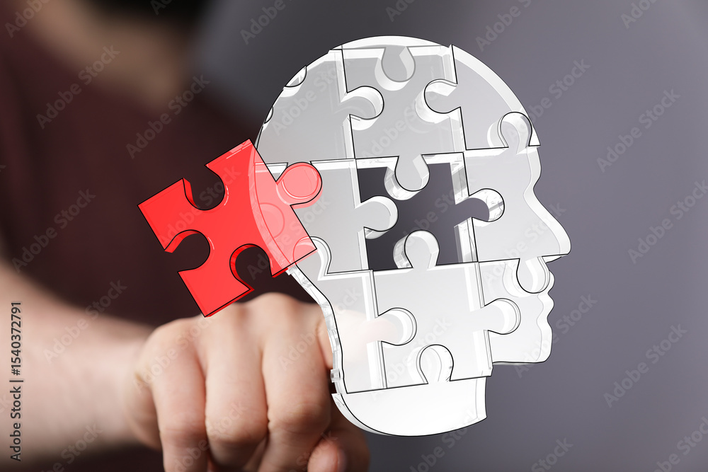 Poster conceptual image depicting the human mind as a puzzle. finding solutions, problem-solving, and menta