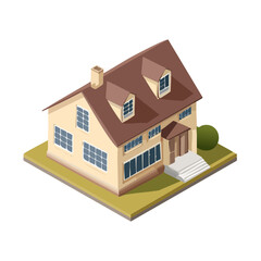 Isometric Residential House Illustration with Windows and Landscaping