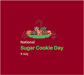 National Sugar Cookie Day event food banner. Gingerbread man drawing. Christmas decorated gingerbread cookies icon set vector. many pieces of cookies. July 9th, vector illustration.