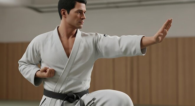 Focused Karateca in White Gi Executes a Precise Block