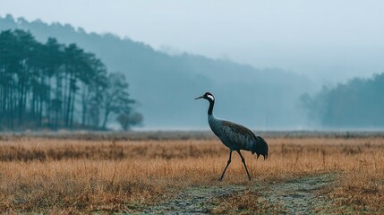Fototapeta premium Grey crane walks across a field of dry grass.