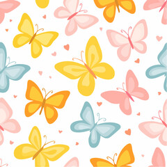 Delicate butterfly pattern repeat with soft yellow orange pink and blue insects on a white background with tiny hearts