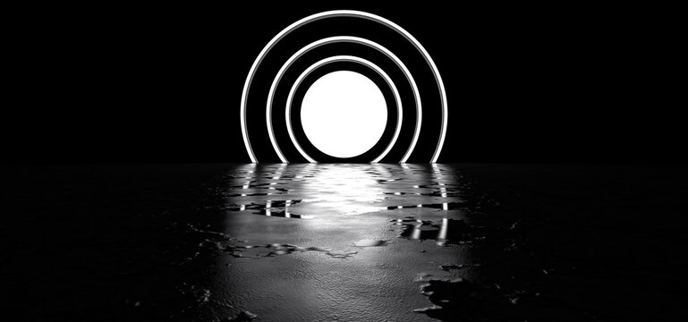 A luminous circle with stripes in a dark space is reflected in the glossy floor. 3D Render.