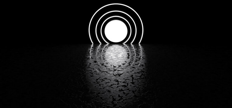 A luminous circle with stripes in a dark space is reflected in the glossy floor. 3D Render.