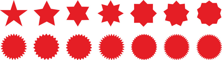 Fototapeta na wymiar Set of red starburst. Sale sticker, price tag, starburst icon, quality mark, retro stars, circle sticker, red badges. Starburst red shape tags for price tags