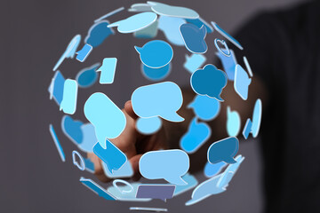 Abstract image depicting a network of communication, digital speech bubbles, global connection.