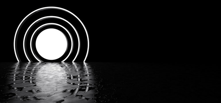 A luminous circle with stripes in a dark space is reflected in the glossy floor. 3D Render.