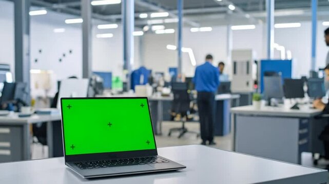 Laptop with empty green screen in office