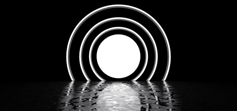 A luminous circle with stripes in a dark space is reflected in the glossy floor. 3D Render.