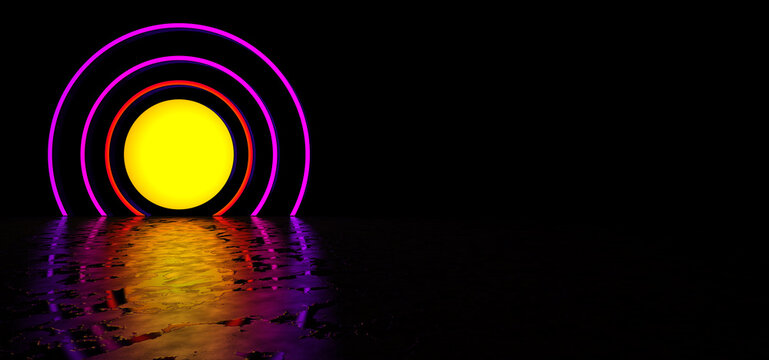 Colorful glowing circles in a dark space are reflected in the glossy floor. An abstract sun is shining in a dark space. 3D Render.