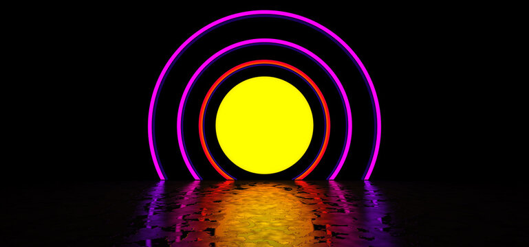 Colorful glowing circles in a dark space are reflected in the glossy floor. An abstract sun is shining in a dark space. 3D Render.