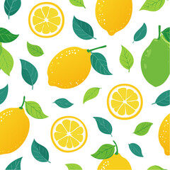 Vibrant Lemon and Lime Repeat Pattern Yellow Citrus Fruit with Green Leaves on Black Background Seamless Design