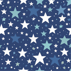 Starry seamless pattern design with varying sizes and colors on a dark blue backdrop for background or surface texture