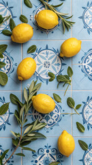 FlatLay Background with Fresh Italian Lemons and Olive Branches on Blue Tile
