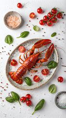 FlatLay of Lobster on Ceramic Plate with Tomatoes and Italian Basil
