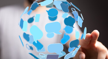 Abstract image of communication network, social media, online chat, and global connection.