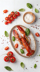 FlatLay of Lobster on Ceramic Plate with Tomatoes and Italian Basil
