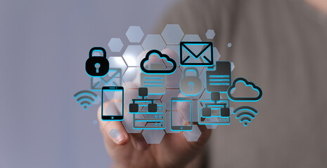 High-quality image depicting secure cloud computing, data networks, and mobile device connectivity.