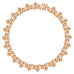 Elegant vector round frame with a continuous pattern of stylized terracotta-colored leaves, perfect for autumnal designs and invitations.