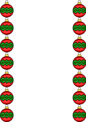 Festive vector illustration of a Christmas card template with a vertical border of red and green Christmas balls with a zig-zag pattern.