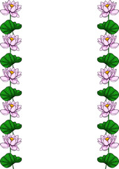 Elegant vector illustration of a vertical frame with delicate pink lotus flowers and green leaves, perfect for invitations or cards.