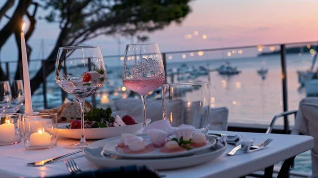 Beautifully arranged table with wine glasses, candles, and delicious food is set for a romantic dinner, overlooking a picturesque marina during a breathtaking sunset