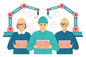 Three workers with helmets interact with technology and machinery in a factory setting.