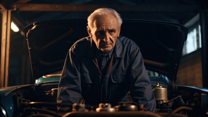An elderly mechanic examines an engine in a dimly lit garage.