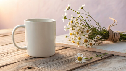 White Mug Mockup on Wooden Table with Soft Morning Light and Flowers
