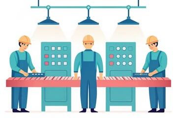 Illustration of workers operating machinery on a conveyor belt in a factory setting.