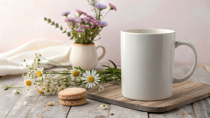 White Mug Mockup on Wooden Table with Soft Morning Light and Flowers
