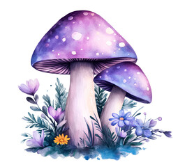 Watercolor Blue Mushroom Clipart, transparent background.